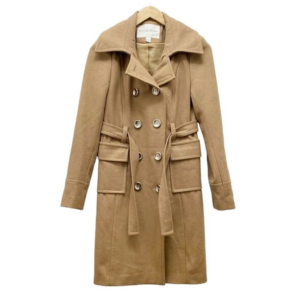 Boston Proper Wool Double Breasted Mid Length Belted Overcoat Camel Tan Size 4 - Picture 3 of 11